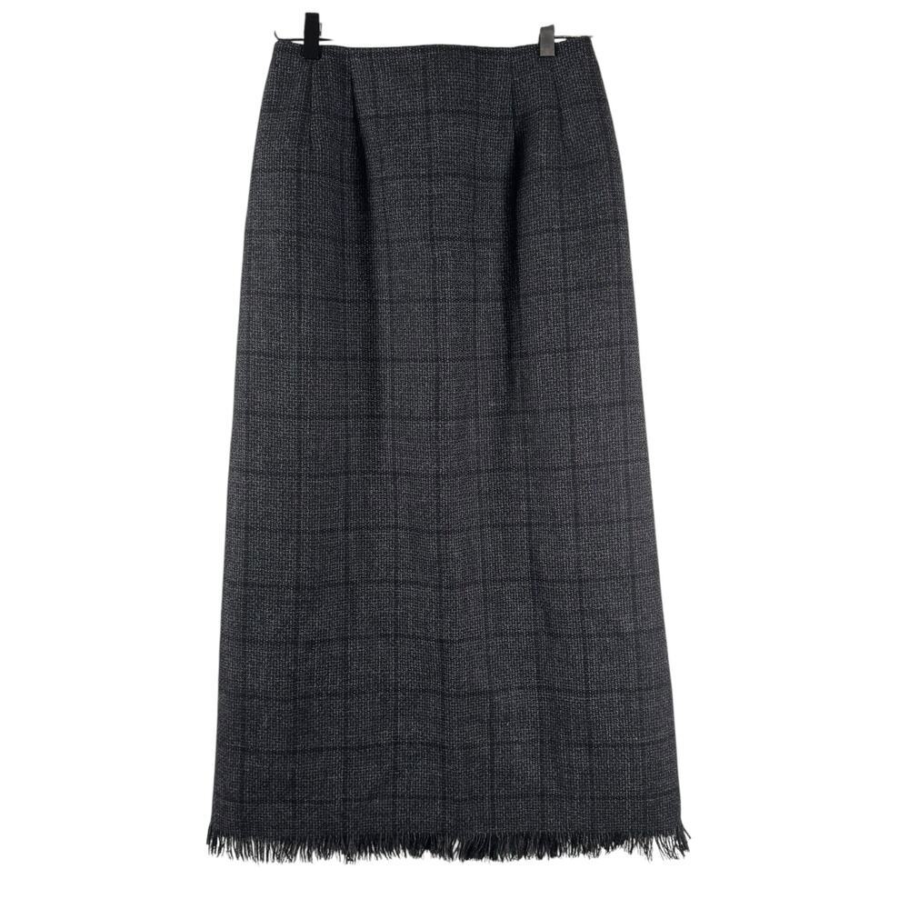 Harve Benard Sport Women Black 100% Wool Fringe Lined Long Pencil Skirt Plaid 8